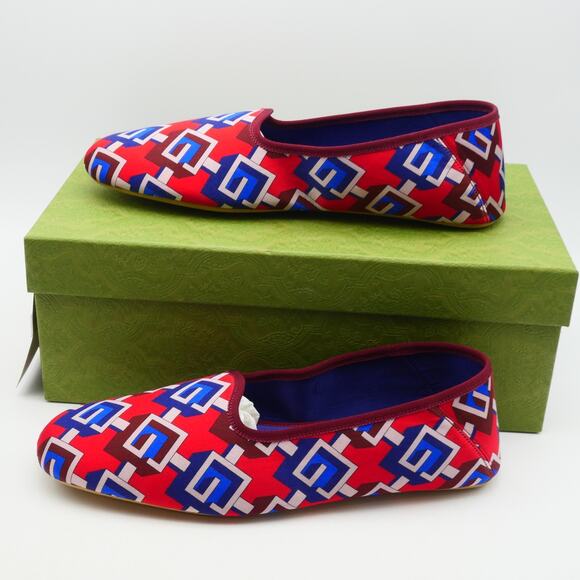 NEW Gucci Men's 12 Red Blue Geometric G Print Satin Smoking Slippers + DustBag - Picture 3 of 13